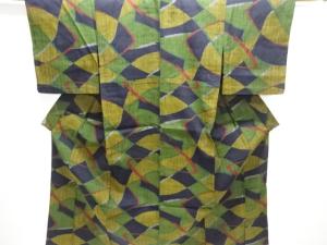 大正ロマン　抽象模様織出し手織り真綿小千谷紬単衣着物